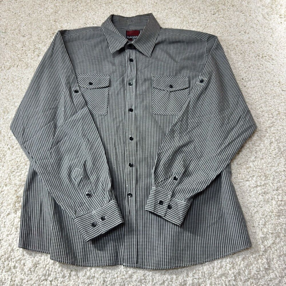 Sahara Club Shirt  Men's XXL Button Down Long Sleeve Black Check Roll Up Sleeves